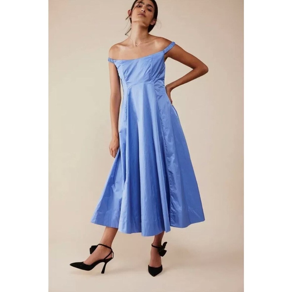 NWT Free‎ People ALINDA Midi Off-Shoulder Dress w/Pockets Blue Iris Gown Nylon